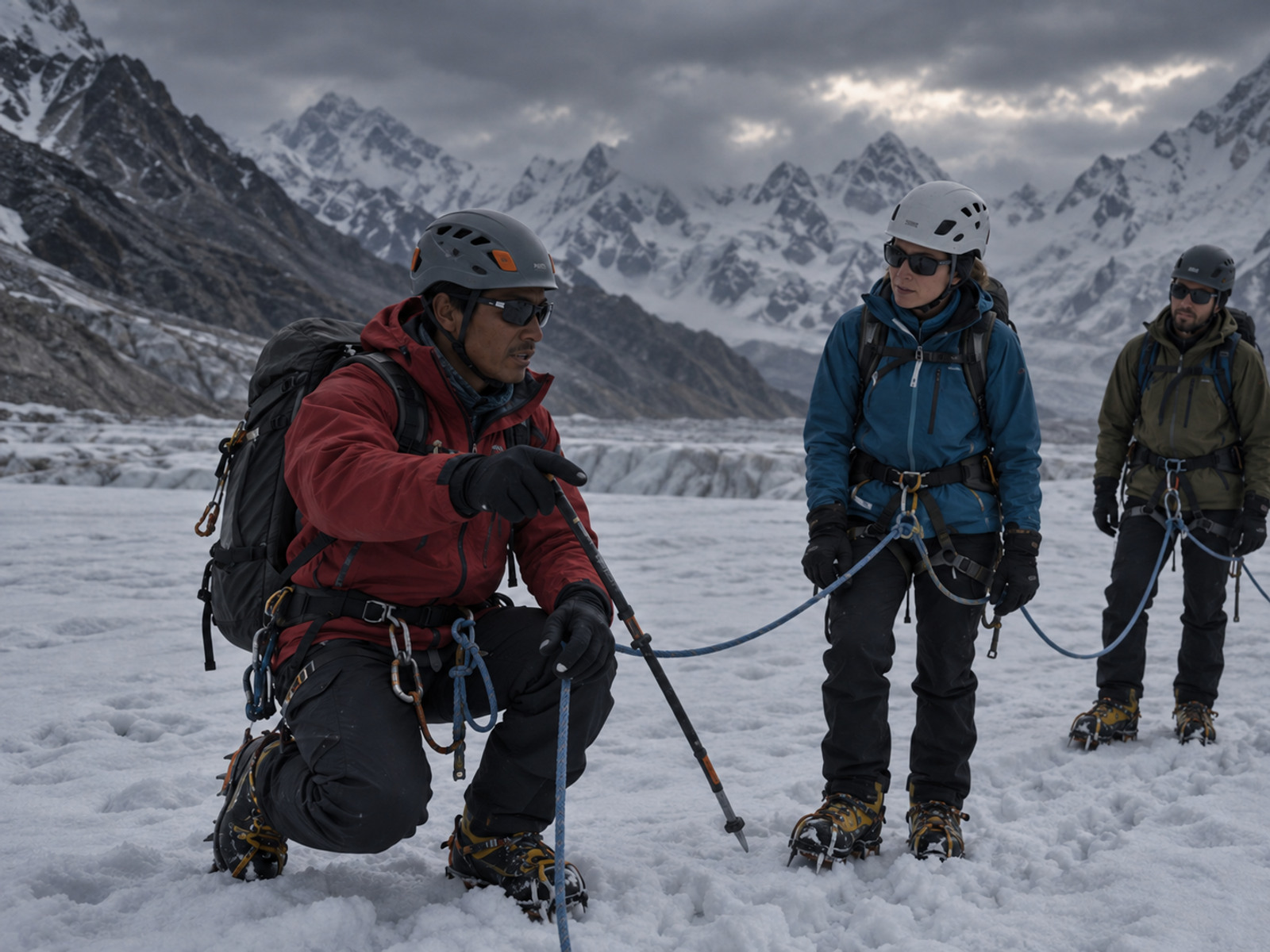 Mountaineering instructor guiding a roped team across a glacier in Nepal