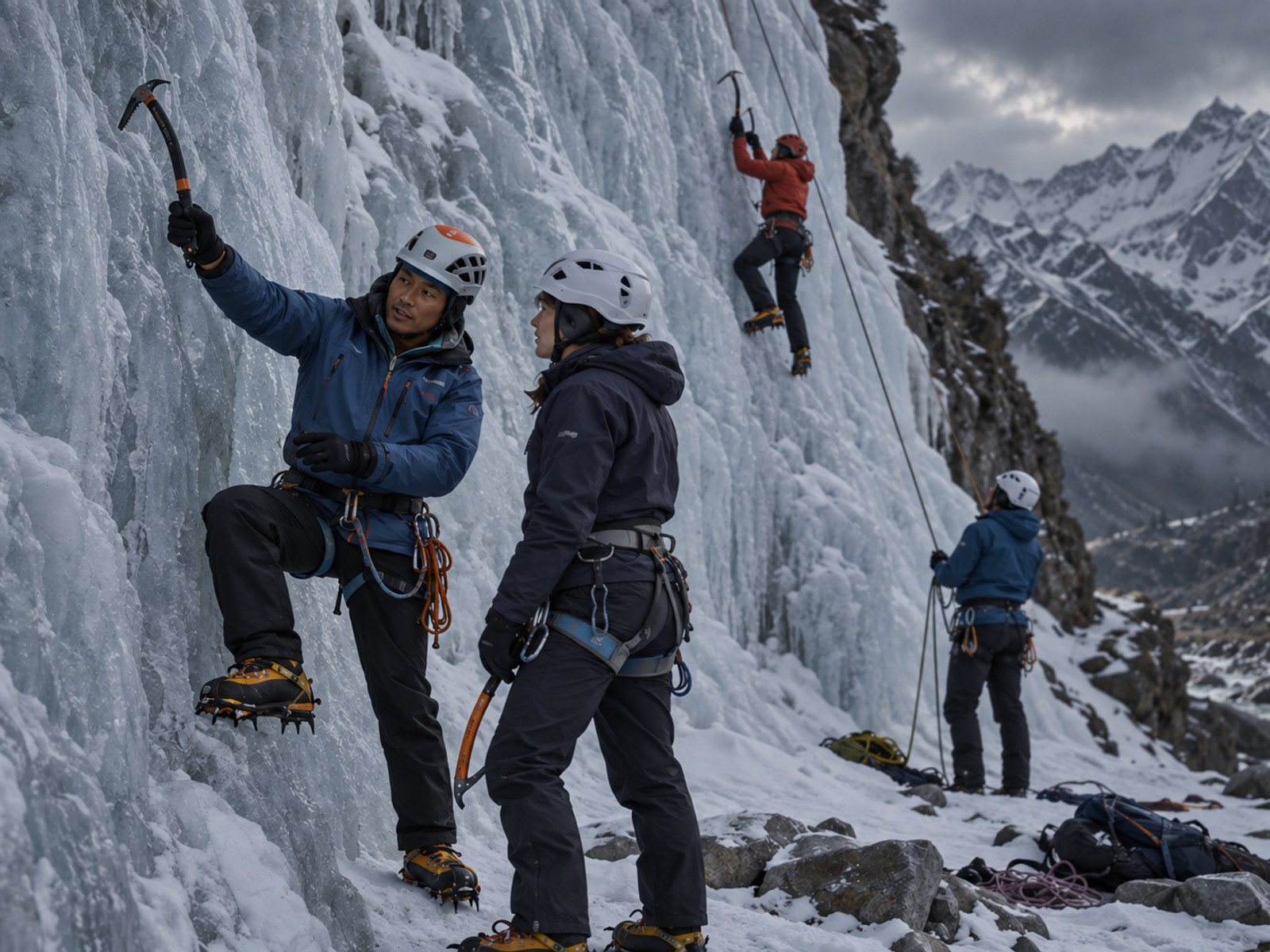 Ice-climbing instructor demonstrating ice-tool placement to a climber in Nepal
