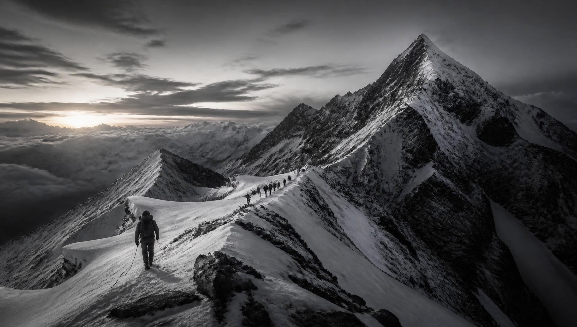 Roped mountaineers on a snow ridge at dawn in the Himalaya