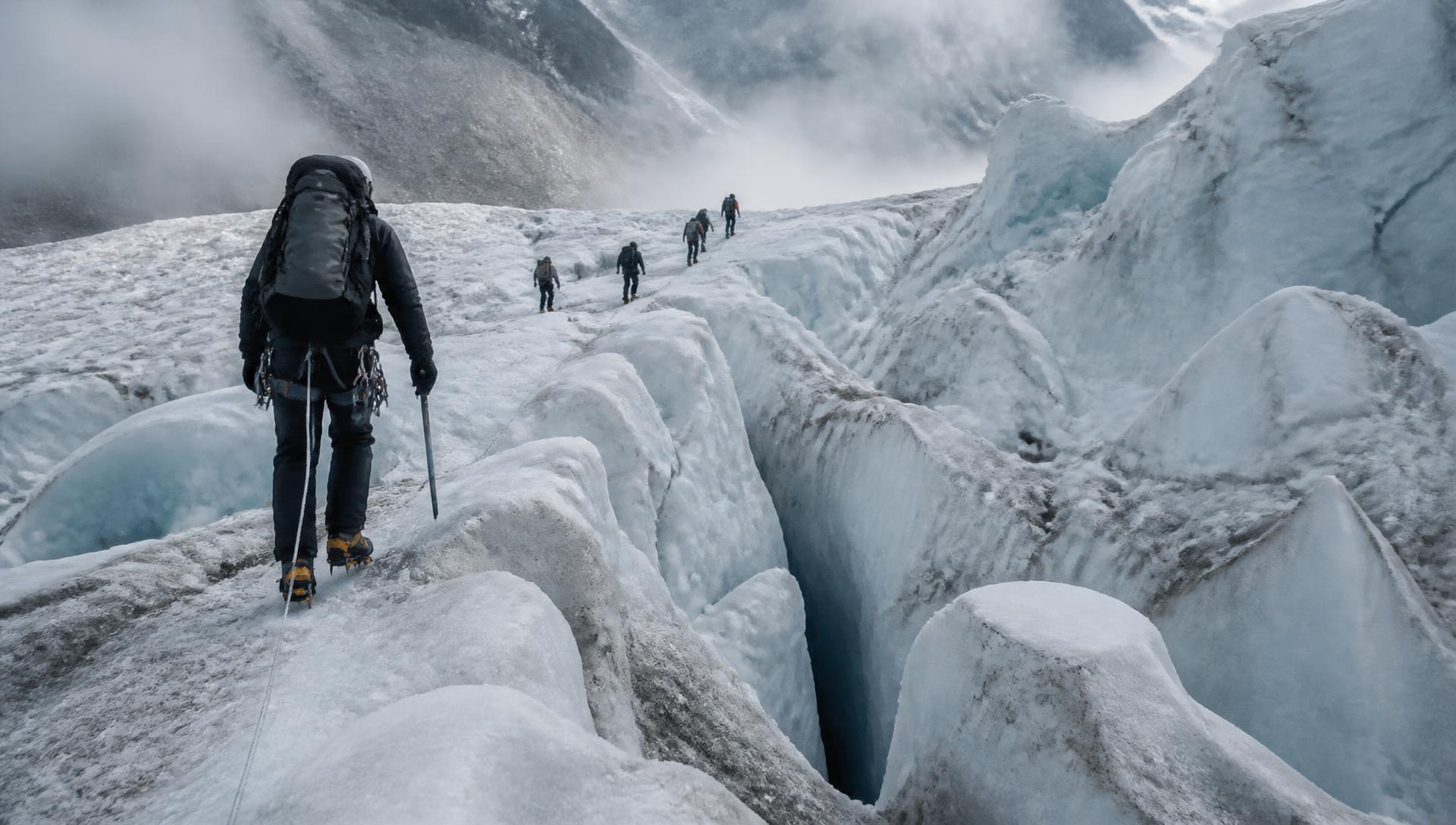 Rope team crossing a crevassed glacier during technical training